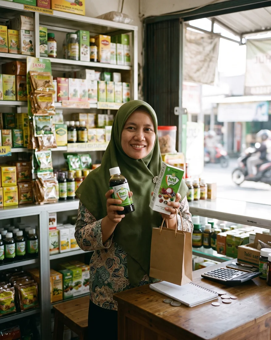 Ilustrasi pembeli memegang HNI Health di toko herbal