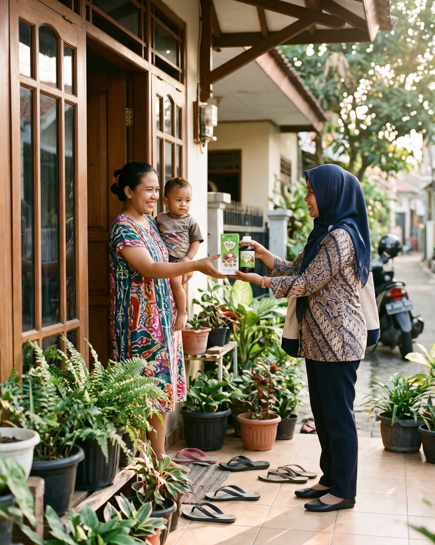 Ilustrasi agen mengantar HNI Health ke tetangga