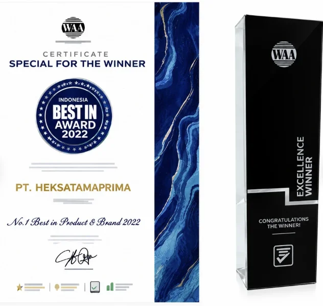 Sertifikat dan trofi Indonesia Best In Award 2022 untuk PT Heksatamaprima