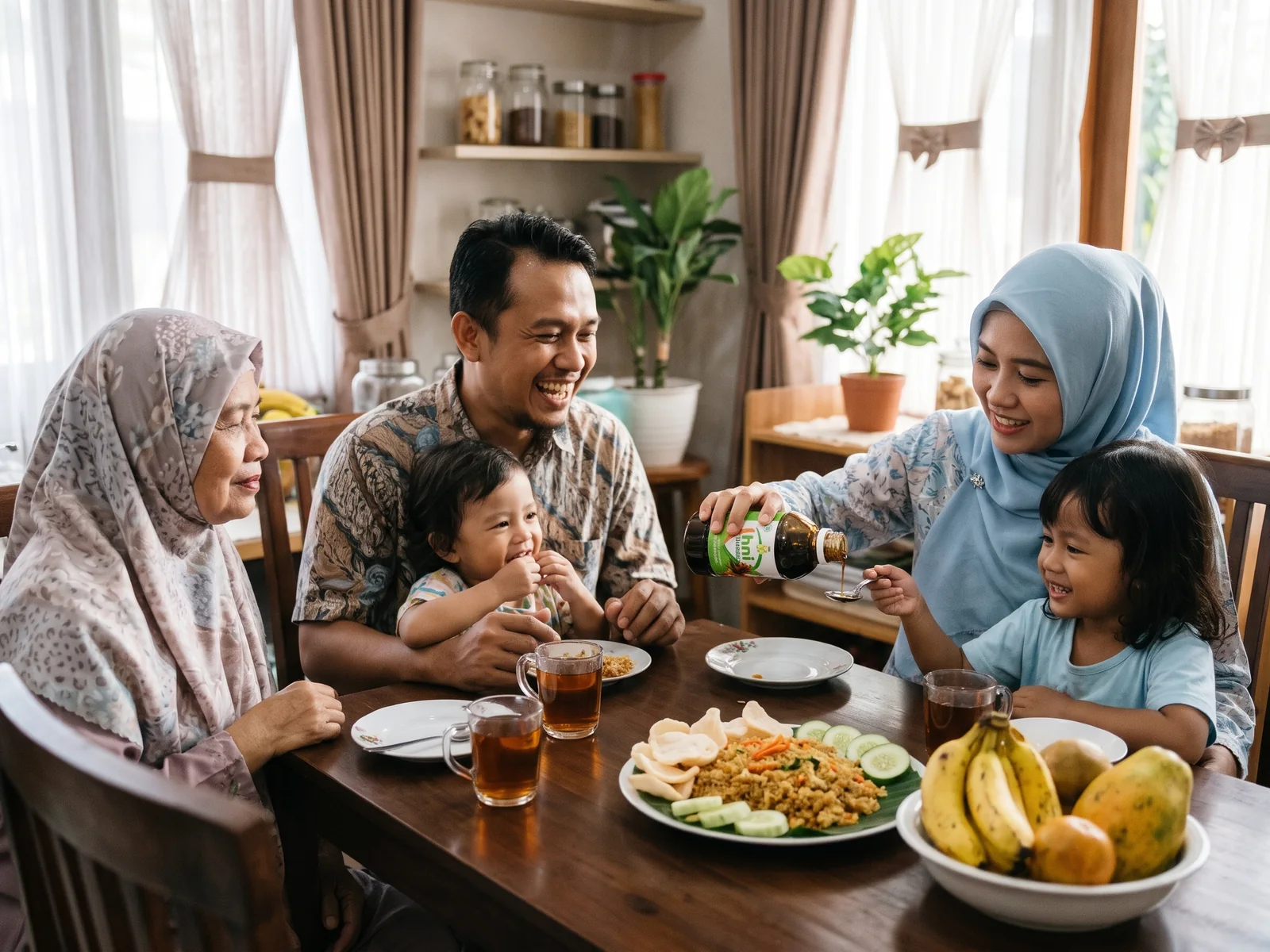 Ilustrasi keluarga sarapan bersama sambil memberi sesendok HNI Health ke anak