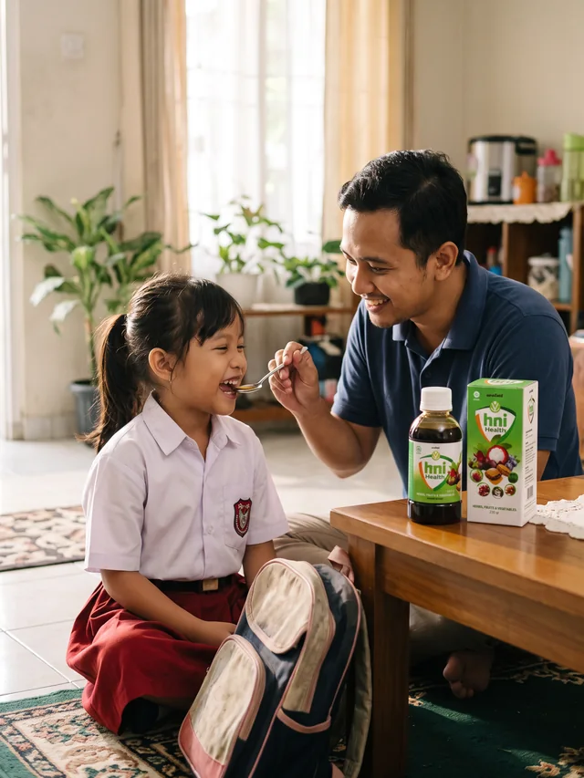 Ilustrasi ayah memberi sesendok HNI Health ke anaknya sebelum sekolah